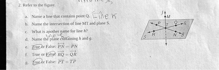 2. Refer to the figure.
a. Name a line that contains point Q.
b. Name the intersection of line MT and plane S.
c. What is another name for line h?
d. Name the plane containing h and g.
e. True or False: PN = PN
f. True or False: RQ = QR
g. True or False: PT = TP