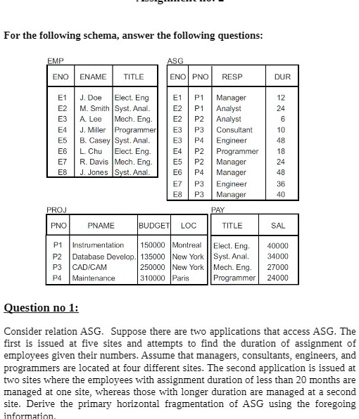 [GET ANSWER] For the following schema, answer the following questions ...