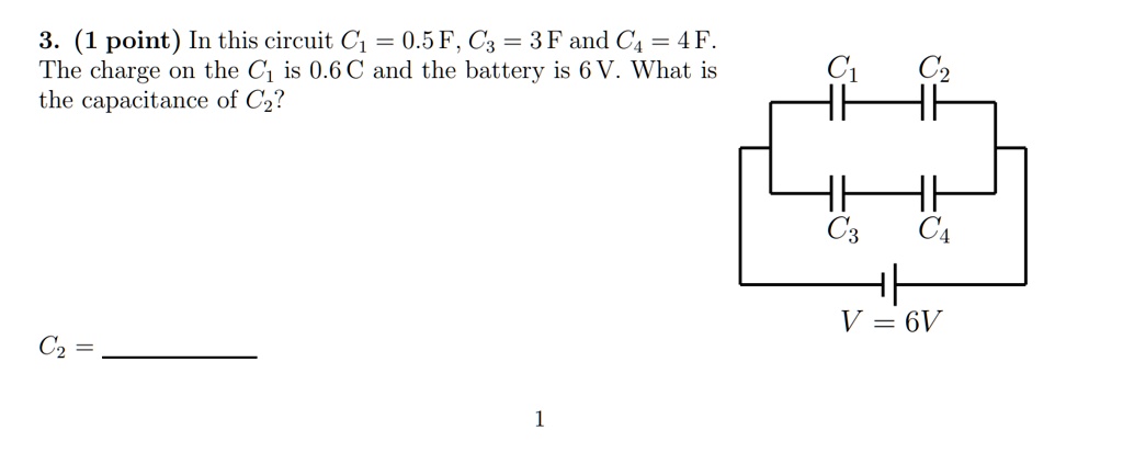 SOLVED: In this circuit, C1 = 0.5F, C3 = 3F, and C = 4F. The charge on ...