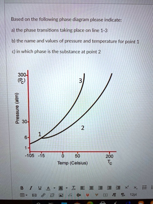 Based on the following phase diagram please indicate:

a) the phase transitions taking place on line 1-3
b) the name and values of pressure and temperature for point 1
c) in which phase is the substance at point 2

300- (Pc)
Pressure (atm)
30-
6-
1-
1
3
2
-105 -15 0 50 200 Tc
Temp (Celsius)