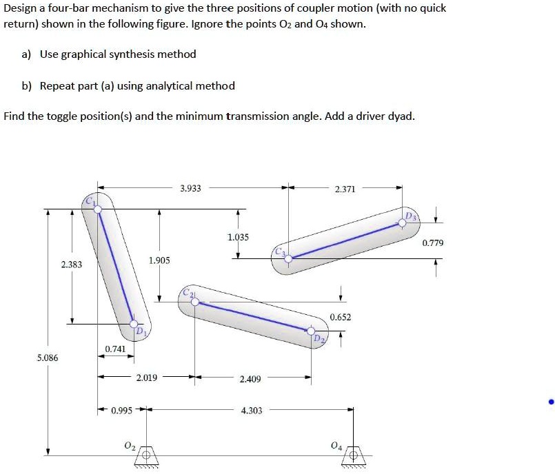 Design a four-bar mechanism to give the three positions of coupler ...