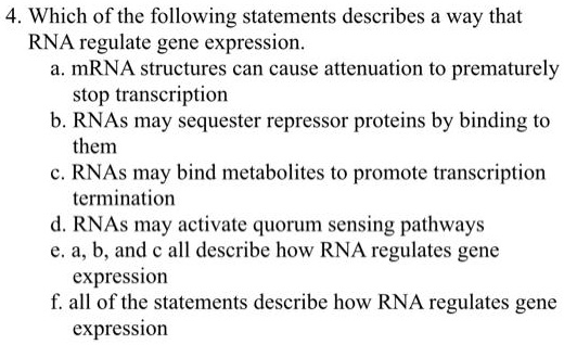 4. Which of the following statements describes a way that
RNA regulate gene expression.
a. mRNA structures can cause attenuation to prematurely
stop transcription
b. RNAs may sequester repressor proteins by binding to
them
c. RNAs may bind metabolites to promote transcription
termination
d. RNAs may activate quorum sensing pathways
e. a, b, and c all describe how RNA regulates gene
expression
f. all of the statements describe how RNA regulates gene
expression