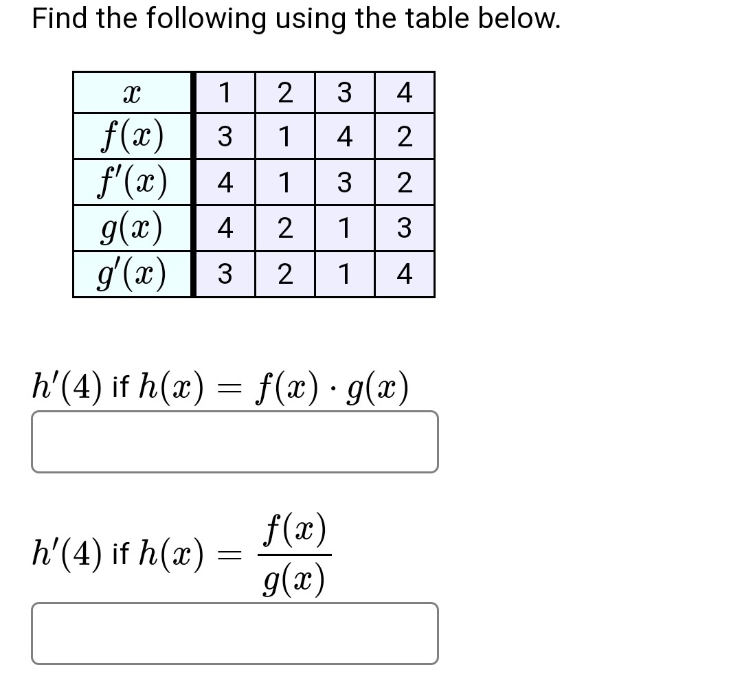 Find the following using the table below.
egintabular|c|c|c|c|c|
hline( x )     1     2     3     4 hline( f(x) )     3     1     4     2 hline( f^prime(x) )     4     1     3     2 hline( g(x) )     4     2     1     3 hline( g^prime(x) )     3     2     1     4 hline
endtabular
[
h^prime(4) 	ext  if  h(x)=f(x) cdot g(x)
]
( square )
[
h^prime(4) 	ext  if  h(x)=fracf(x)g(x)
]