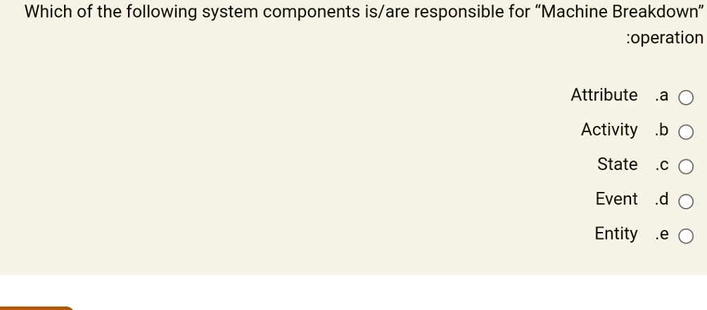 which of the following system components isare responsible for machine breakdownoperation attribute a activity b state c event d entity e 11795
