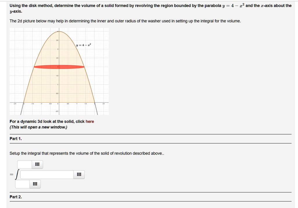 Disk Method Questions SOLVED: Using the disk method, determine the volume of = solid formed ...