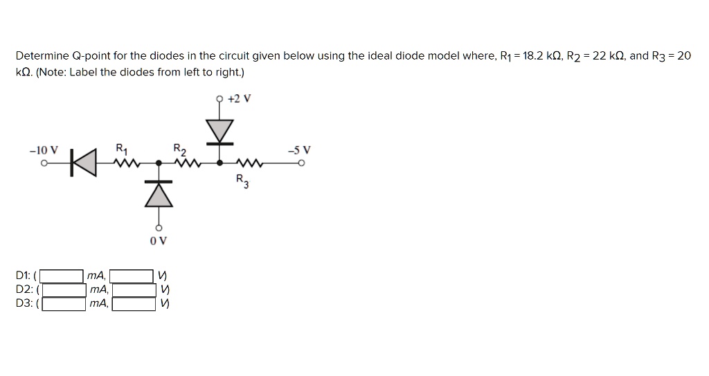 Determine Q-point for the diodes in the circuit given below using the ideal diode model where, R1 = 18.2  kΩ, R2 = 22  kΩ, and R3 = 20  kΩ. (Note: Label the diodes from left to right.)
+2 V
-10 V
R1
R2
-5 V
R3
0 V
D1: (
mA,
V
D2: (
mA,
V
D3: (
mA,
V