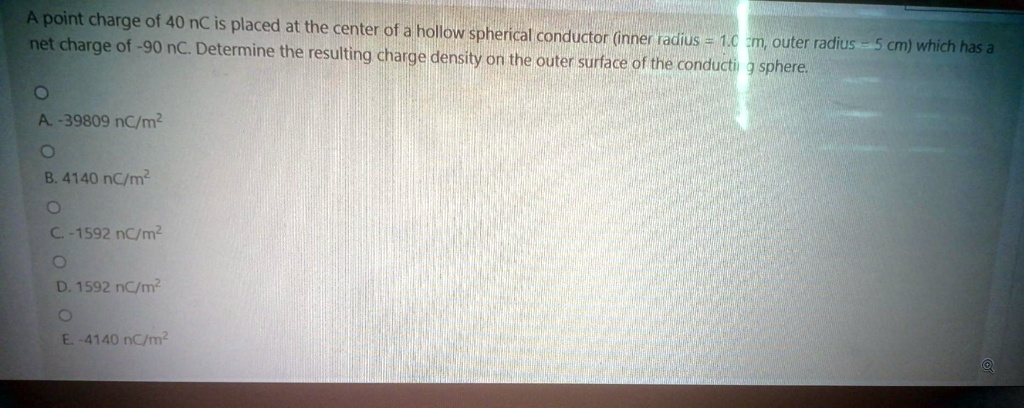 SOLVED: A point charge of 40 nC is placed at the center of a hollow et ...