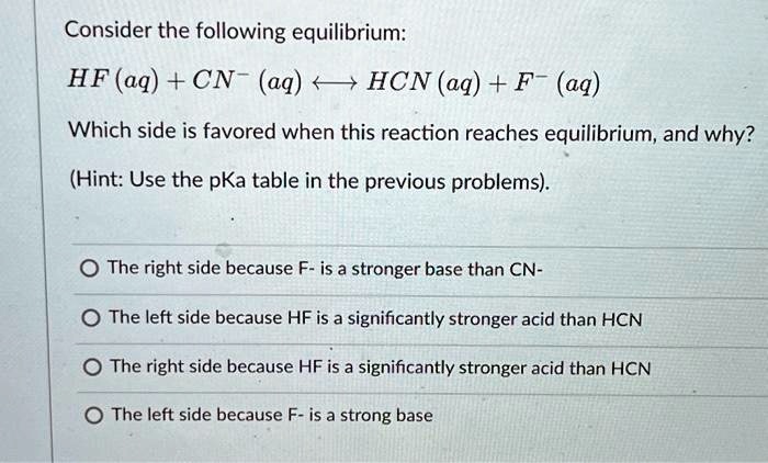 Hcn Q SOLVED: Consider the following equilibrium: HF(aq) + CN-(aq) ⇌ HCN(aq ...