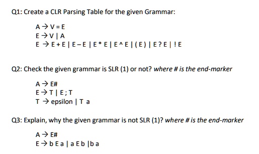 SOLVED: Q1: Create a CLR Parsing Table for the given Grammar: A -> V ...