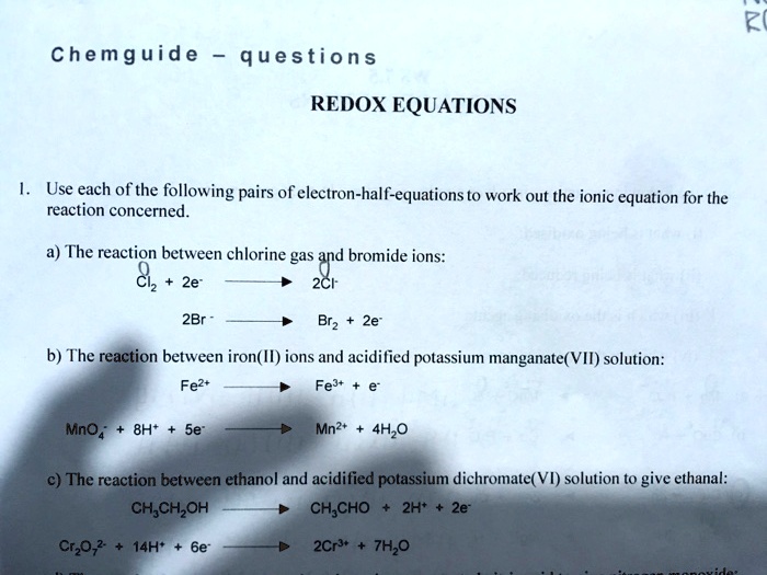 SOLVED Text Chemguide Questions REDOX EQUATIONS Use each of the following pairs of electron