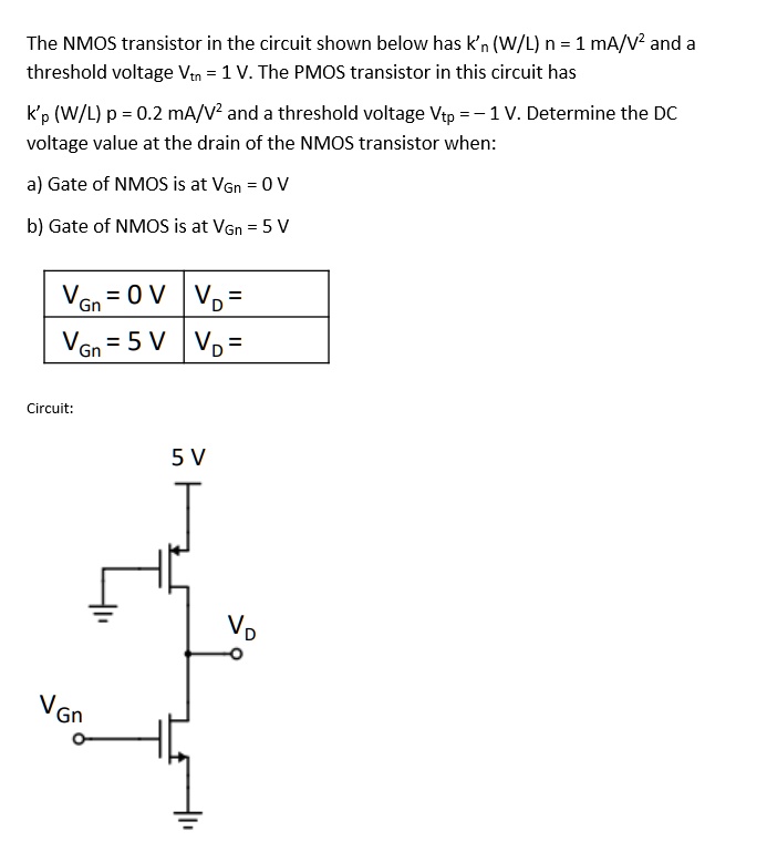 SOLVED: The NMOS transistor in the circuit shown below has k'n (W/L)n ...