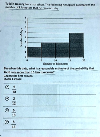 todd is training for a marathon the following histogram summarizes the number of kilometers that he ran each day number of days number of kilometers based on this data what is a reasonable e 23966