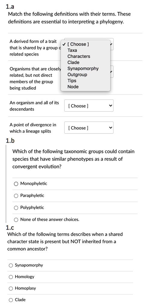 1.a
Match the following definitions with their terms. These
definitions are essential to interpreting a phylogeny.
A derived form of a trait
that is shared by a group of
related species
[ Choose ]
Taxa
Characters
Clade
Synapomorphy
Outgroup
Tips
Node
Organisms that are closely
related, but not direct
members of the group
being studied
An organism and all of its
descendants
[ Choose ]
A point of divergence in
which a lineage splits
[ Choose ]
1.b
Which of the following taxonomic groups could contain
species that have similar phenotypes as a result of
convergent evolution?
Monophyletic
Paraphyletic
Polyphyletic
None of these answer choices.
1.c
Which of the following terms describes when a shared
character state is present but NOT inherited from a
common ancestor?
Synapomorphy
Homology
Homoplasy
Clade