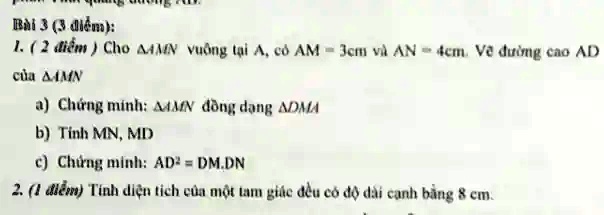 Bài 3 (3 ?i?m):
1. (2 ?i?m) Cho AMN vuông t?i A, có AM = 3cm và AN = 4cm. V? ???ng cao AD
c?a AMN
a) Ch?ng minh: AMN ??ng d?ng ADMA
b) Tính MN, MD
c) Ch?ng minh: AD^2 = DM.DN
2. (1 ?i?m) Tính di?n tích c?a m?t tam giác ??u có ?? dài c?nh b?ng 8 cm.