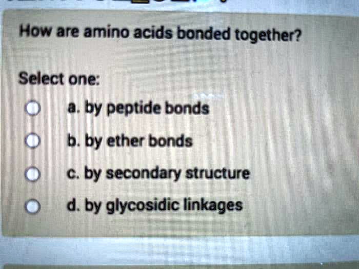 Solved How Are Amino Acids Bonded Together Select One A By Peptide Bonds B By Ether Bonds C