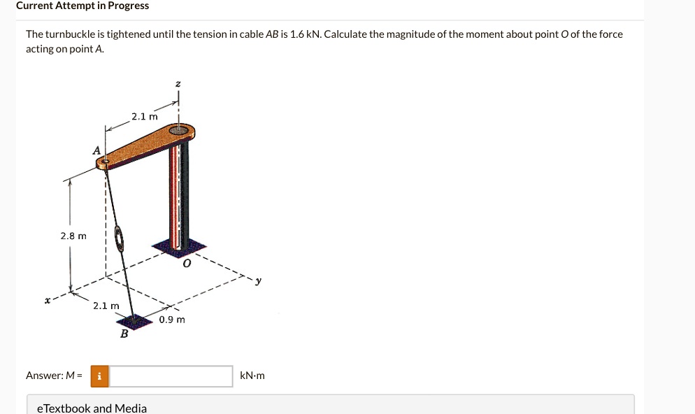 current attempt in progress the turnbuckle is tightened until the tension in cable ab is 16 kn calculate the magnitude of the moment about point o of the force acting on point a 28 m a 21 m  37543
