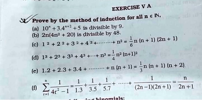 Solved Exercise V A Prove By The Method Of Induction For All N A In A 10 3 4 2 5 Is Divisible By 9 6 Zn 4n Is Divisible By 48 C