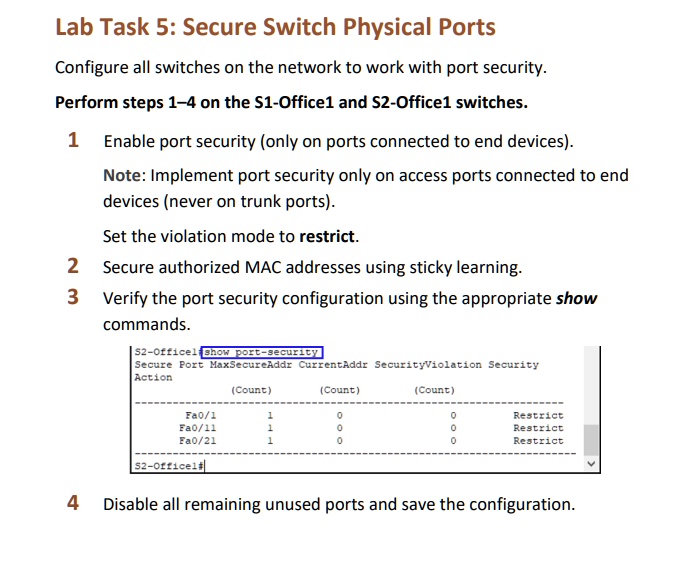 SOLVED: Lab Task 5: Secure Switch Physical Ports Configure all switches ...