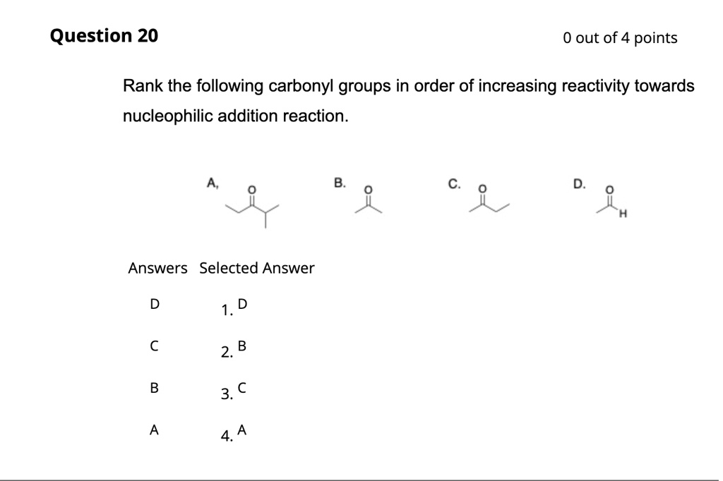 Solved Question 20 Out Of 4 Points Rank The Following Carbonyl Groups In Order Of Increasing