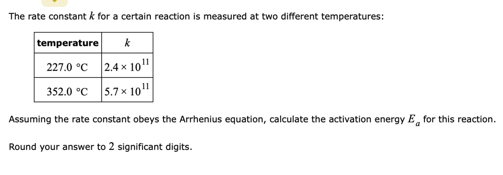 the rate constant k for a certain reaction is measured at two different ...