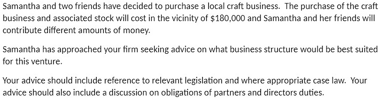 Samantha and two friends have decided to purchase a local craft business. The purchase of the craft
business and associated stock will cost in the vicinity of 180,000 and Samantha and her friends will
contribute different amounts of money.

Samantha has approached your firm seeking advice on what business structure would be best suited
for this venture.

Your advice should include reference to relevant legislation and where appropriate case law. Your
advice should also include a discussion on obligations of partners and directors duties.