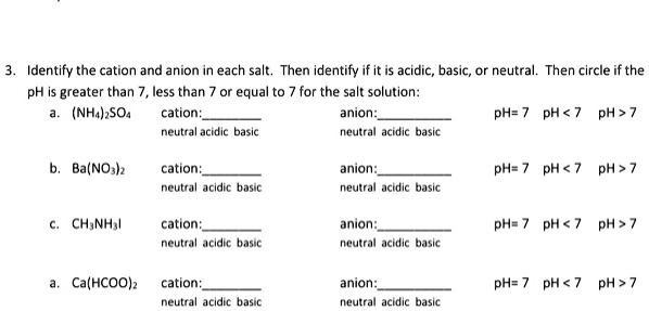 SOLVED: Identify the cation and anion in each salt: Then identify if it ...