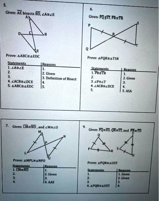 given 5 ae bisects bbzaele given pqist pretr prove aabczaedc stituments areasons laale given definition of bisect zacbezdce 4abczaedc prove apqreatsr seukml lprztr belni given zpezt zacba zd 05039