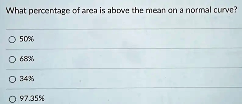 What percentage of area is above the mean on a normal curve?
50%
68%
34%
97.35%