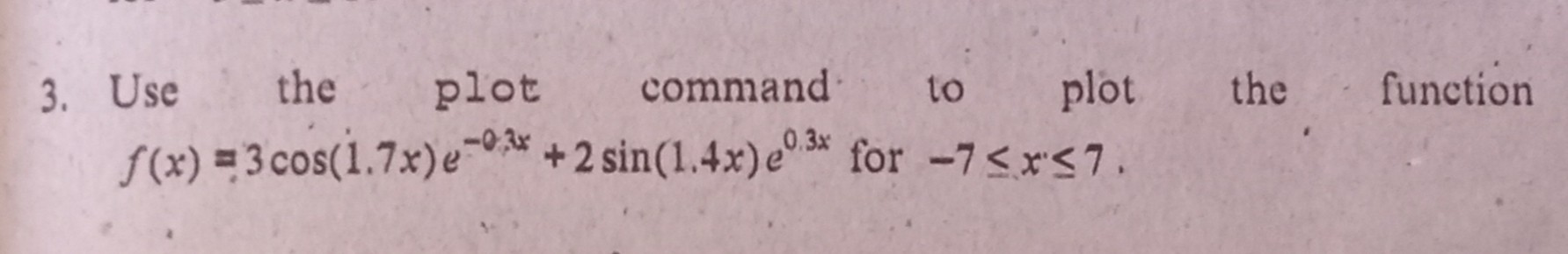 3. Use the plot command to plot the function f(x) = 3 cos(1.7x)e^-0.3x + 2 sin(1.4x)e^0.3x for -7 <= x <= 7.