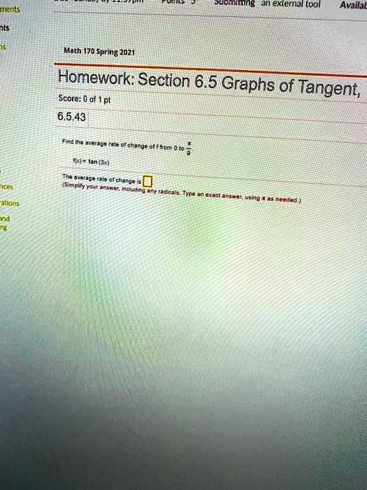 Find the average rate of change of f from 0 to ?/9. f(x) = tan (3x) The average rate of change is (Simplify your answer, including any radicals. Type an exact answer, using ? as needed.)