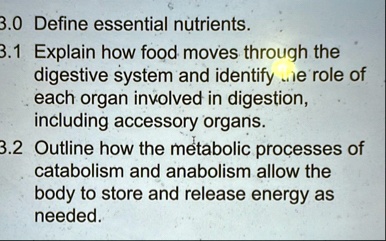 30 define essential nutrients 31 explain how food moves through the digestive system and identify the role of each organ involved in digestion including accessory organs 32 outline how the m 12854