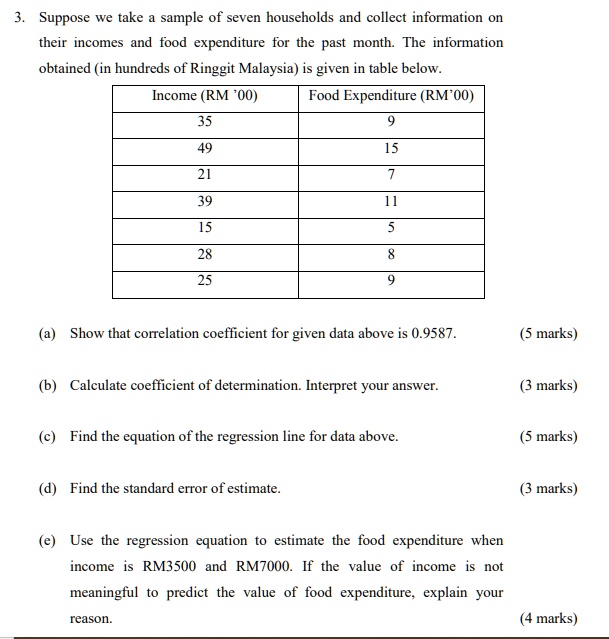 suppose we take sample of seven households and collect information on their incomes and food expenditure for the past month the information obtained in hundreds of ringgit malaysia is given  38056