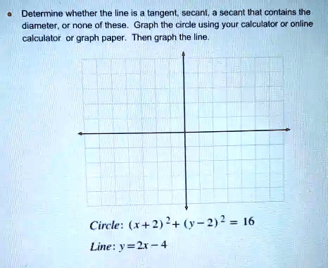 Determine whether the line is a tangent, secant, a secant that contains the diameter, or none of these. Graph the circle using your calculator or online calculator or graph paper. Then graph the line.
Circle: (x+2)^2 + (y-2)^2 = 16
Line: y = 2x - 4