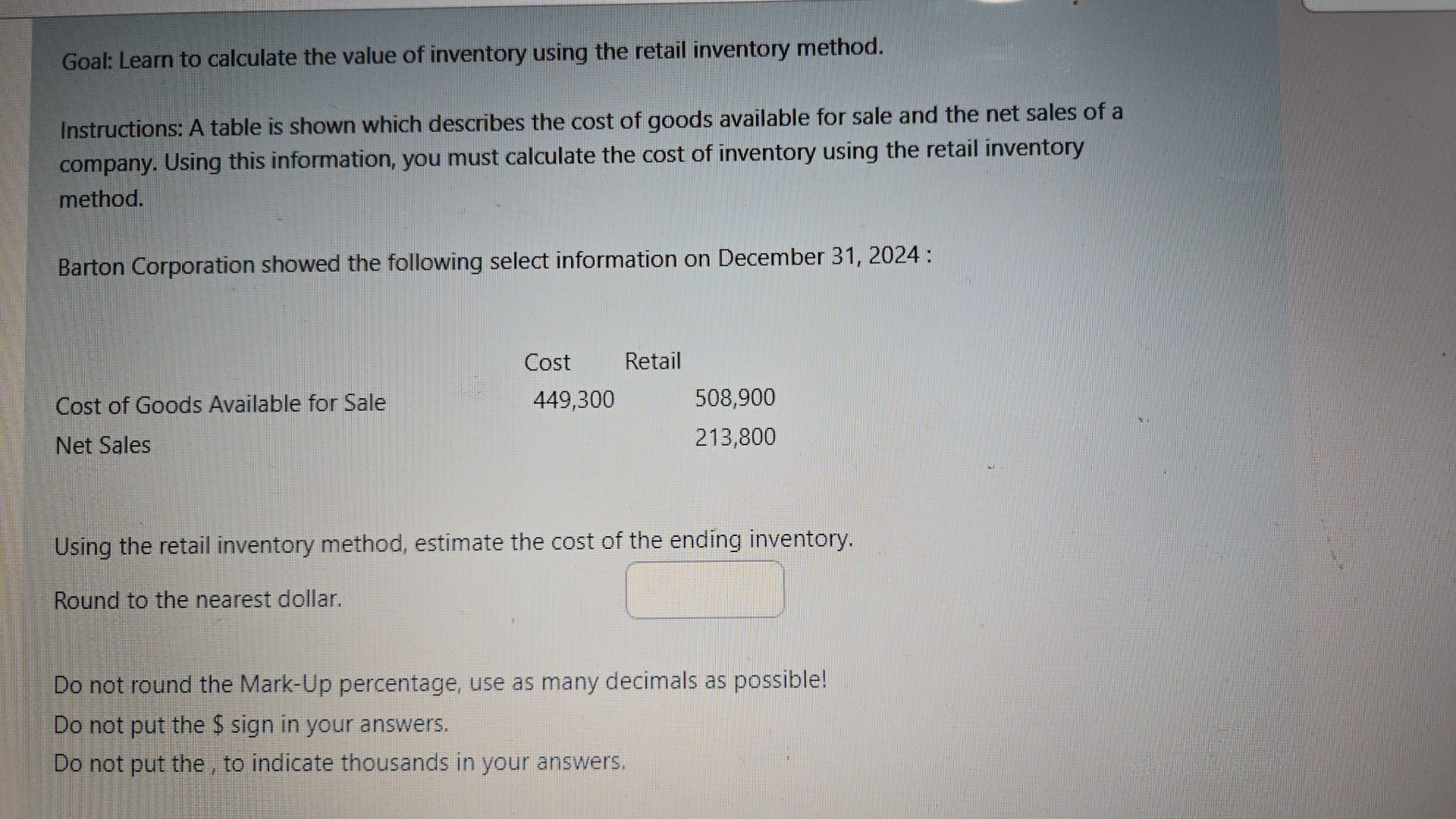 SOLVED: Goal: Learn to calculate the value of inventory using the ...