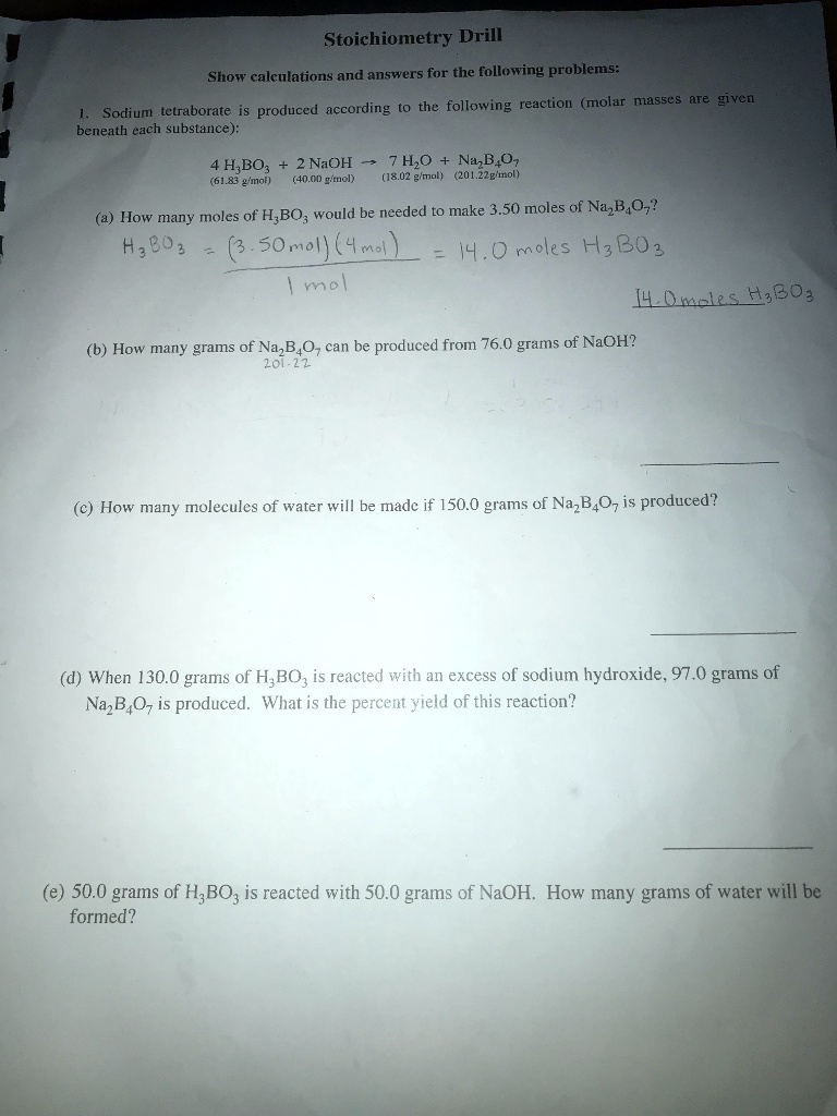 SOLVED: Stoichiometry Drill Show Calculations And Answers For The ...