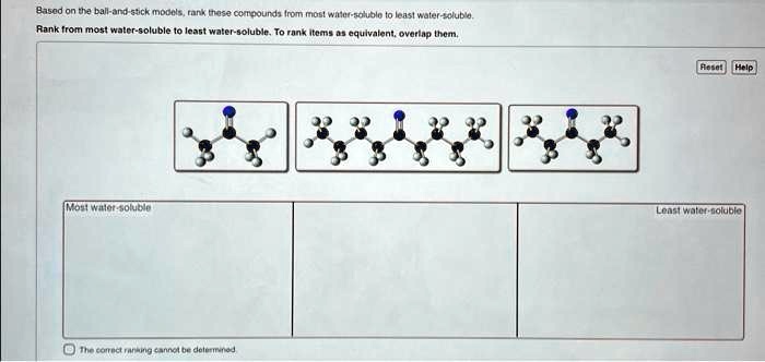 Based on the ball-and-stick models, rank these compounds from most water-soluble to least water-soluble.
Rank from most water-soluble to least water-soluble. To rank items as equivalent, overlap them.
Reset Help
Most water-soluble
Least water-soluble
The correct ranking cannot be determined.