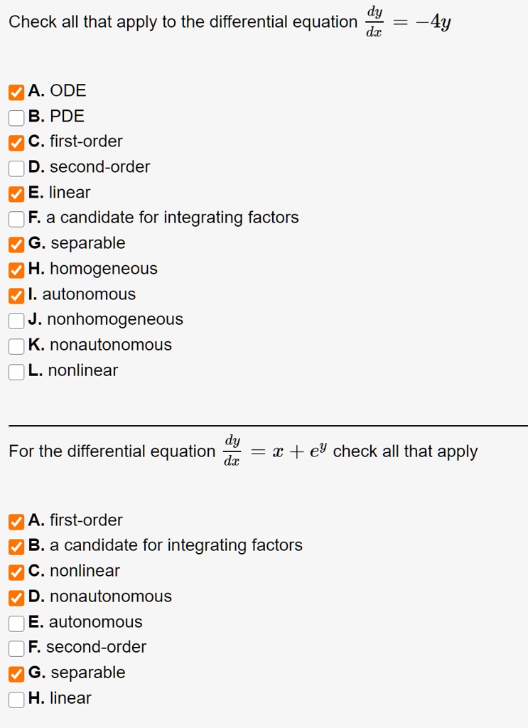 SOLVED: Dy Check All That Apply To The Differential Equation Dx 4y A ...