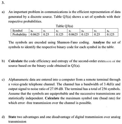3.
a) An important problem in communications is the efficient representation of data
generated by a discrete source. Table Q3(a) shows a set of symbols with their
respective probabilities.
Table Q3(a)
Symbol	So	S1	S2	S3	S4	S5	S6
Probability	0.0625	0.25	0.125	0.0625	0.125	0.25	0.125
The symbols are encoded using Shannon-Fano coding. Analyse the set of
symbols to identify the respective binary code for each symbol in the table.
b) Calculate the code efficiency and entropy of the second-order extension of the
source based on the binary code obtained in Q3(a).
c) Alphanumeric data are entered into a computer from a remote terminal through
a voice-grade telephone channel. The channel has a bandwidth of 3.4kHz and
output signal to noise ratio of 27.09 dB. The terminal has a total of 256 symbols.
Assume that the symbols are equiprobable and the successive transmissions are
statistically independent. Calculate the maximum symbol rate (baud rate) for
which error -free transmission over the channel is possible.
d) State two advantages and one disadvantage of digital transmission over analog
transmission