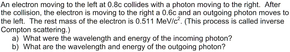 An electron moving to the left at 0.8c collides with a photon moving to ...