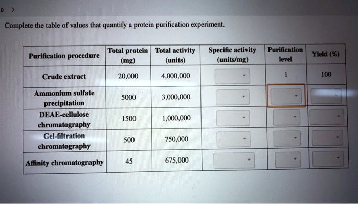 complete the table of values that quantify protein purification ...