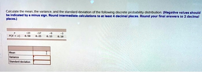 Calculate the mean, the variance, and the standard deviation of the following discrete probability distribution. (Negative values should be indicated by a minus sign. Round intermediate calculations to at least 4 decimal places. Round your final answers to 2 decimal places.)

x -23 -17 -9 -3
P(X = x) 0.50 0.25 0.15 0.10

Mean
Variance
Standard deviation