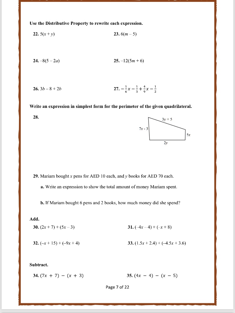 SOLVED: Use the Distributive Property to rewrite cach expression_ 22.  S(r+y) 23 . 6(m - 24.-8(5 2a) 25.-12(Sm1 26. 3h _ 8 + 2h 27. - ~x-Stox-  Write an expression in simplest
