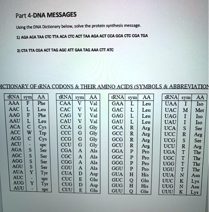 part 4 dna messages using the dna dictionary below solve the protein ...