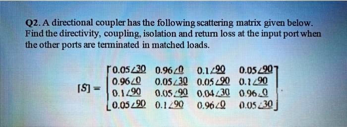 SOLVED: O2A directional coupler has the following scattering matrix ...