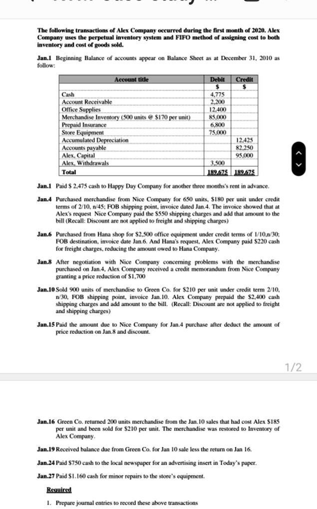 Transaction Alex SOLVED: The following transactions of Alex Company occurred during the ...