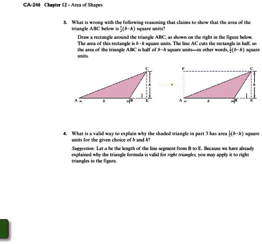 c3 244 aplct 2 area of shapes whal toml lil following iisoning that clains show that the 3144 0f tbe truangke ahc klou 1h h tqure unute dun ncangke amund the triangk ahc amakn nzhi inc lcure 89572