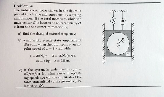 Problem 4:
The unbalanced rotor shown in the figure is
pinned to a frame and supported by a spring
and damper. If the total mass is m while the
mass center G is located at an eccentricity of
epsilon from the center of rotation C,
a) find the damped natural frequency;
b) what is the steady-state amplitude of
vibration when the rotor spins at an angular
speed of omega = 8pi rad with:
k = 32 N/m, b = 16 N/(m/s),
m = 4 kg, epsilon = 2.5 cm
c) If the system is undamped (i.e., b = 0 N/(m/s)) for what range of operating speeds (omega) will the amplitude of the force transmitted to the ground FT be less than 1N.