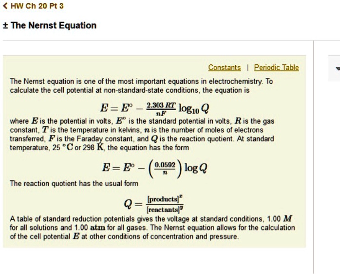 SOLVED HW Ch 20 Pt 3 The Nernst Equation Constants Periodic Table The