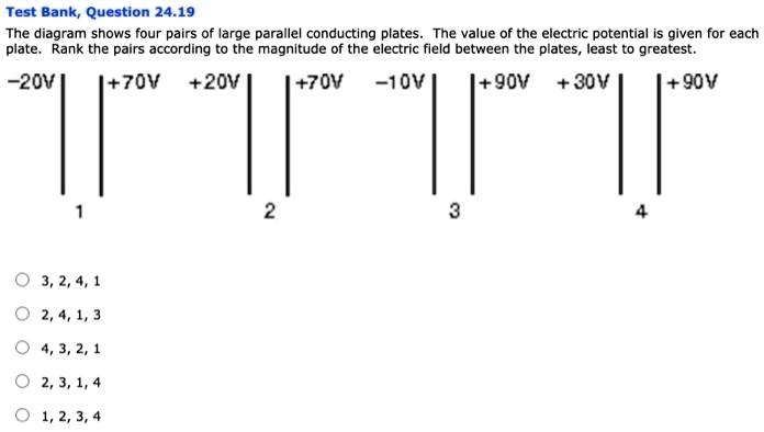Solved Test Bank Question 24 19 The Diagram Shows Four Pairs Of Large Parallel Conducting Plates Tne Value Of The Electric Potential Is Given For Each Plate Rank The Pairs According T0 The Magnltude