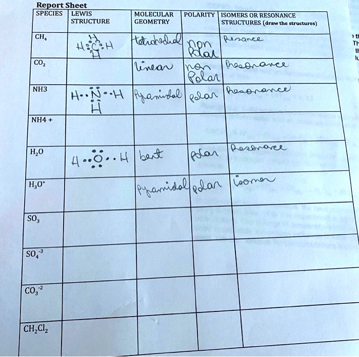 Solved Report Sheet Species Lewis Structure Molecular Polarity Isomers Or Resonance Geomftry